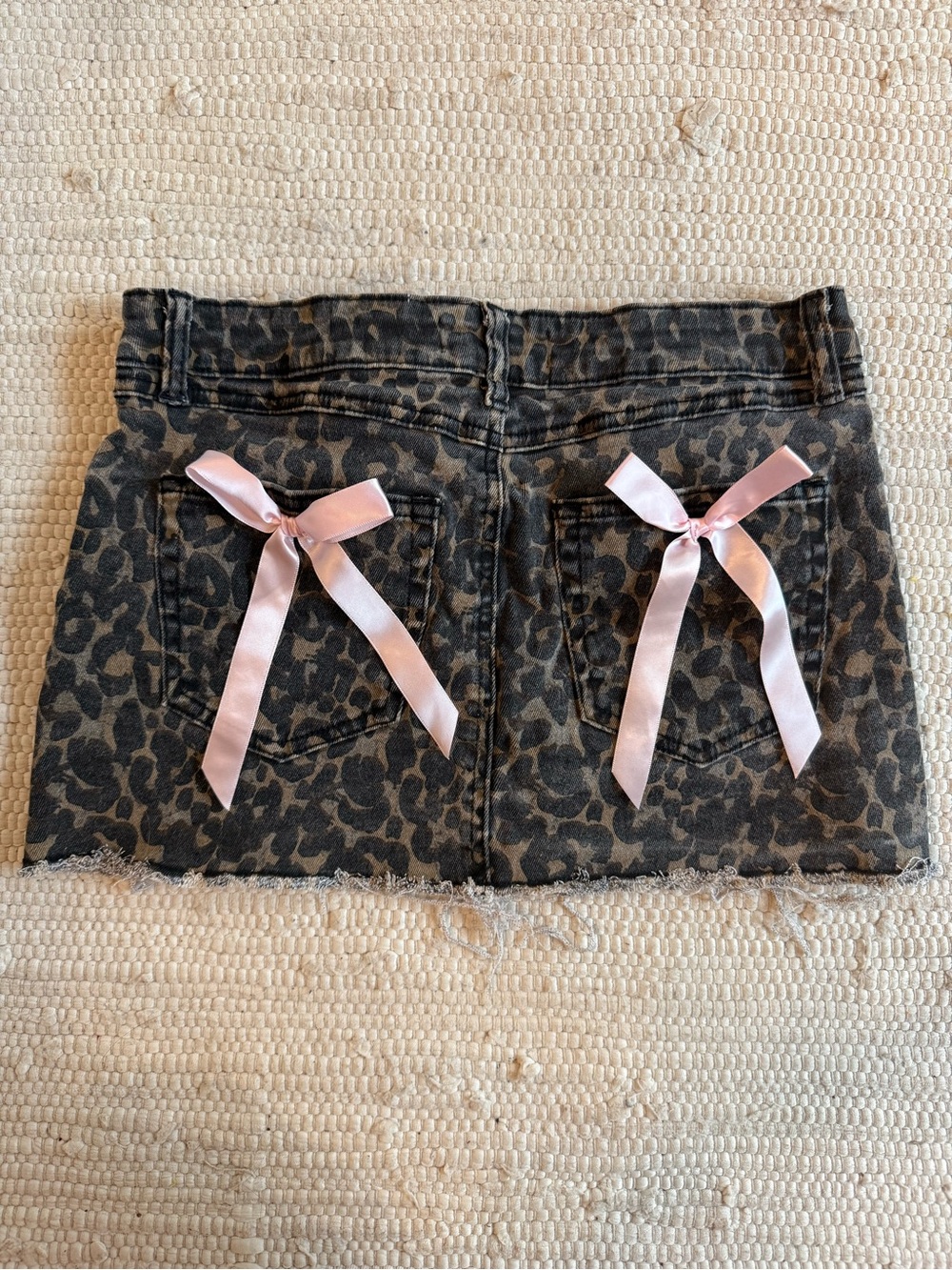 Ashley Mason Gray Leopard Print Mini Skirt with Pink Ribbon Bows